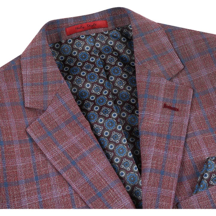 Mens Two Button Classic Fit Sport Coat Burgundy Red Windowpane Plaid Blazer - S