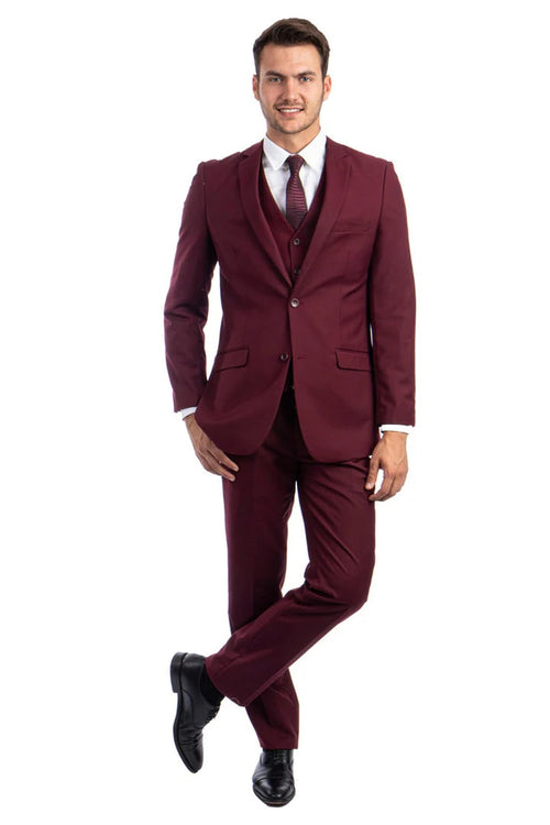 Cheap Priced Suit  - Men's Two Button Basic Hybrid Fit Vested Burgundy Suit