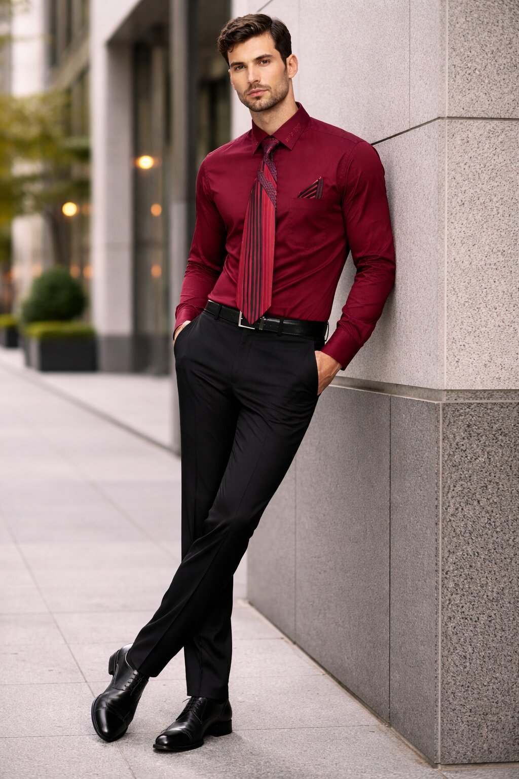 French Cuff + Tie + Handkerchief Men's Dress Shirt With Tie