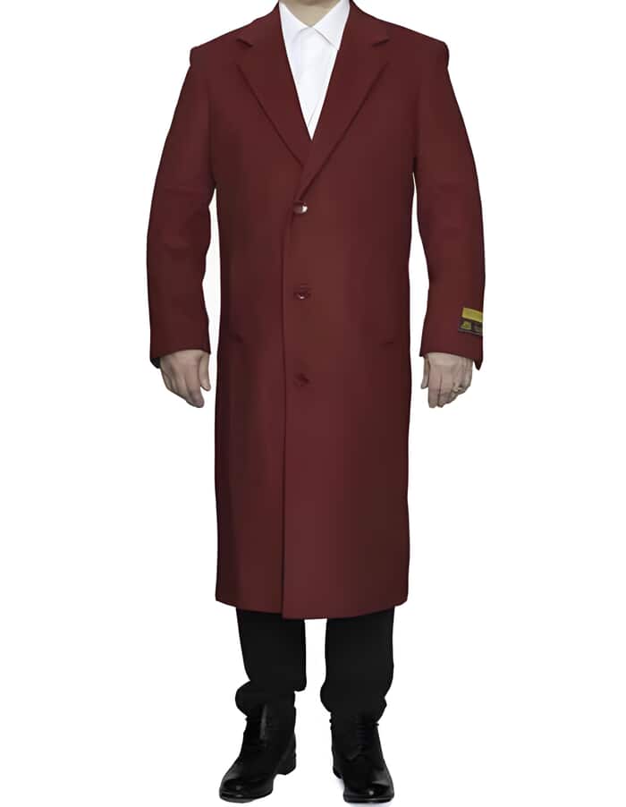 Mens Full Length Ankle length Top Coat / Wool Dress Burgundy Overcoat