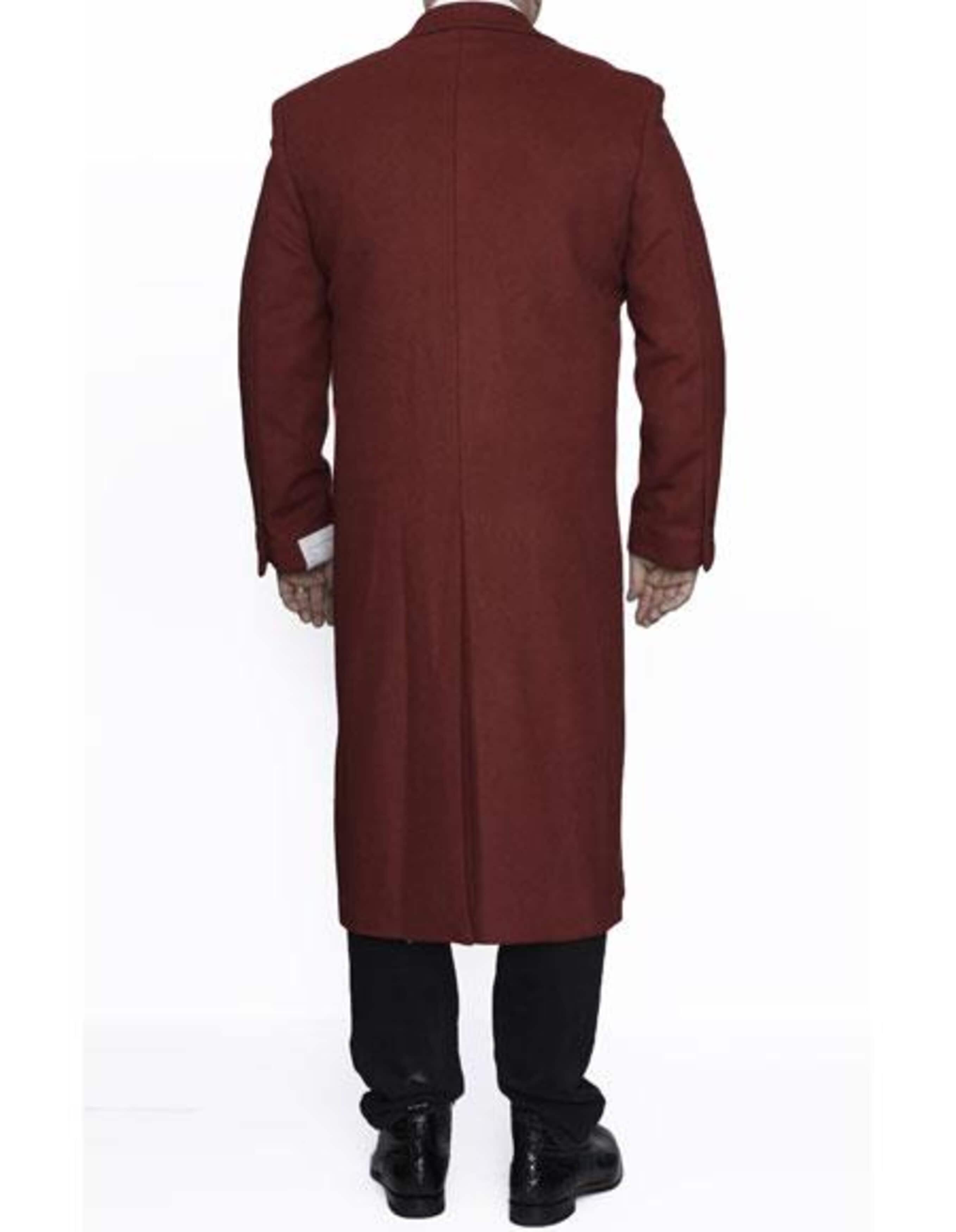 Mens Full Length Ankle length Top Coat / Wool Dress Burgundy Overcoat