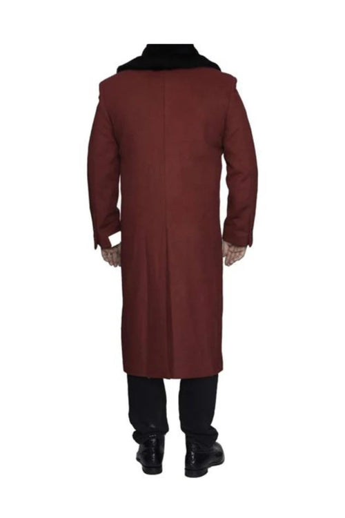 Removable Fur Collar Burgundy Overcoat Ankle length Wool Dress Top Coat