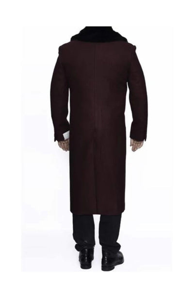 Removable Fur Collar Full Length Wool Dress Ankle length Top Coat/Overcoat Burgundy
