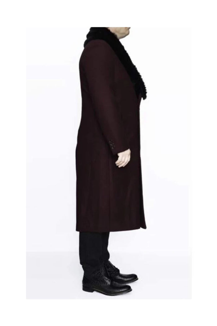 Removable Fur Collar Full Length Wool Dress Ankle length Top Coat/Overcoat Burgundy