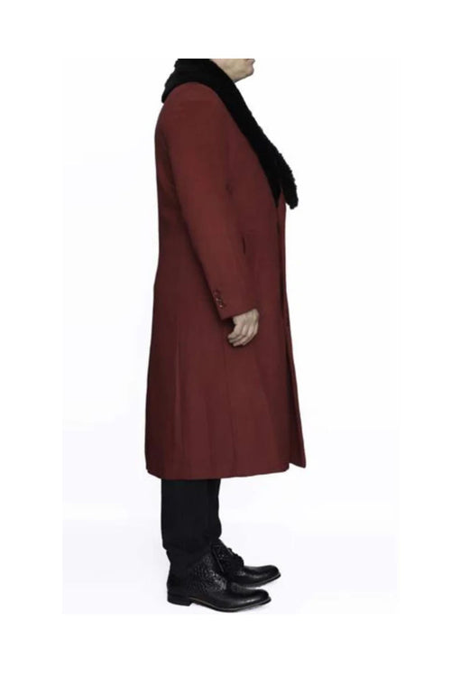 Removable Fur Collar Burgundy Overcoat Ankle length Wool Dress Top Coat