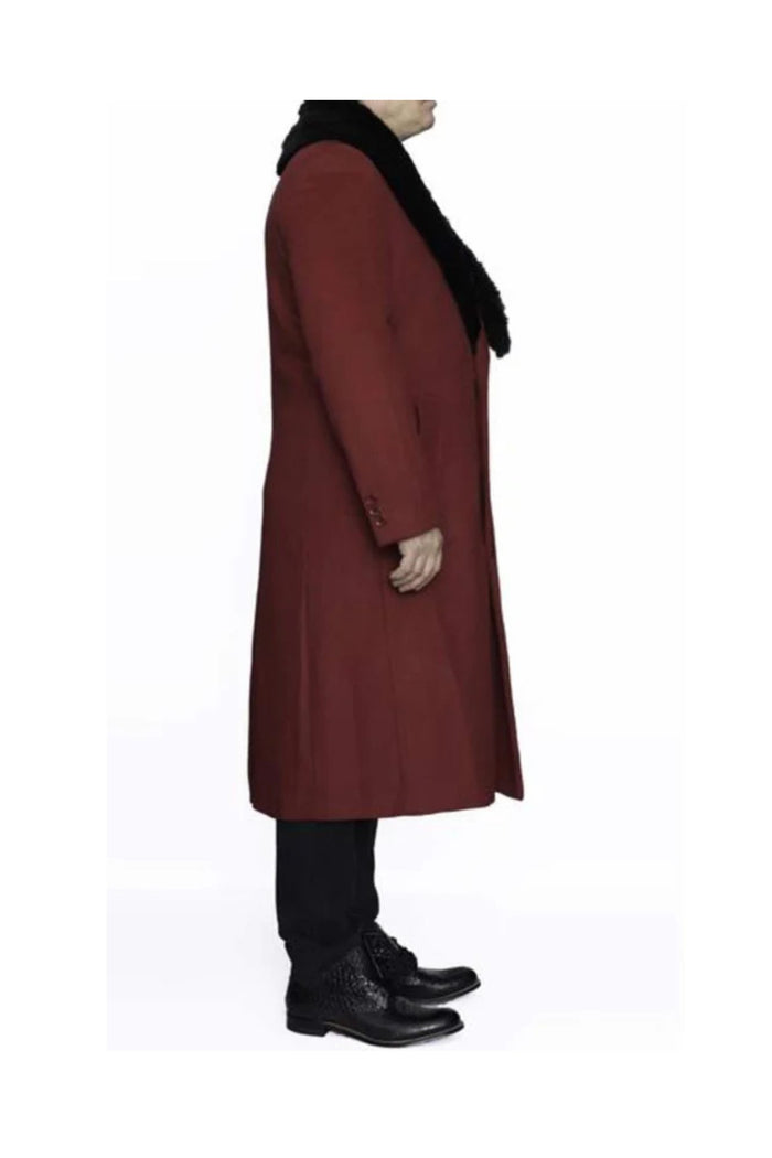 Removable Fur Collar Burgundy Overcoat Ankle length Wool Dress Top Coat