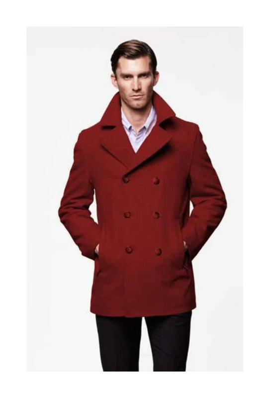 Men's Burgundy Six Button Double Breasted Priced Mens Wool Peacoat Jacket