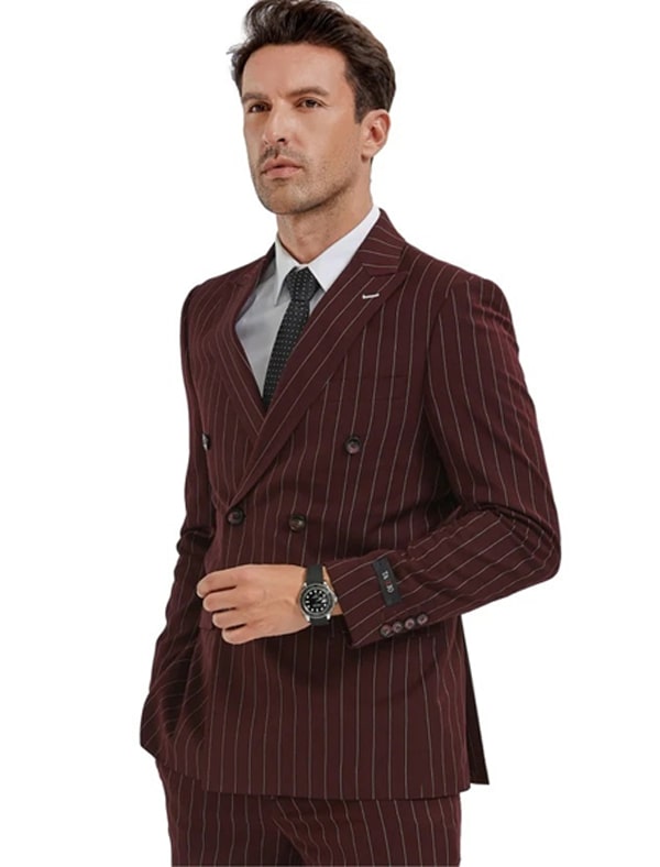 Burgundy Pinstripe Double-Breasted Suit - Distinguished Gentleman's Choice