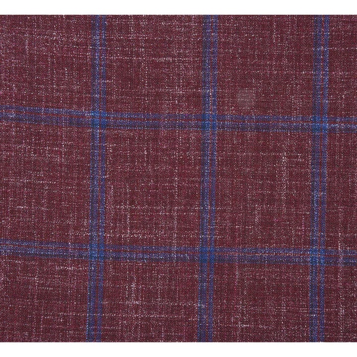 Mens Slim Fit Two Button Wool Sportcoat Windowpane Plaid Burgundy and Blue Blazer - S