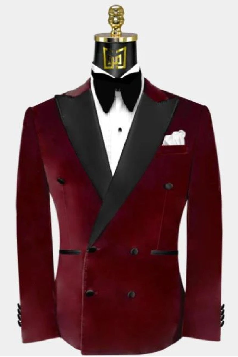 Double Breasted Tuxedo - Velvet Tuxedo Dinner Jacket Burgundy - 38 Short Jacket+32 Waist Adjustable 28to34)(Height: 5 4 to5 7 )(Neck  15-16.5)S-M)