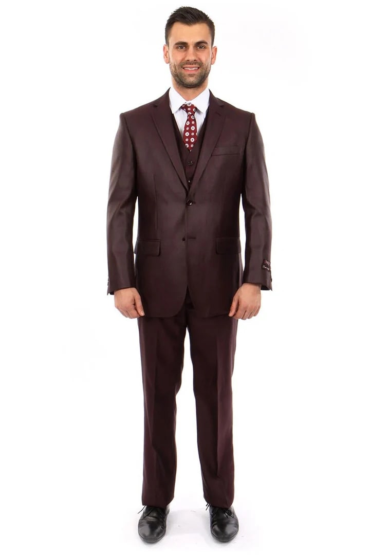 Cheap Suit - Men's Two Button Vested Textured Sharkskin Business Burgundy Suit