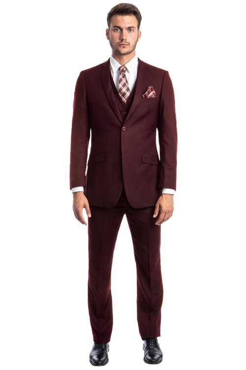 Cheap Priced Suit - Men's Two Button Slim Fit Basic Vested Wedding Burgundy Suit