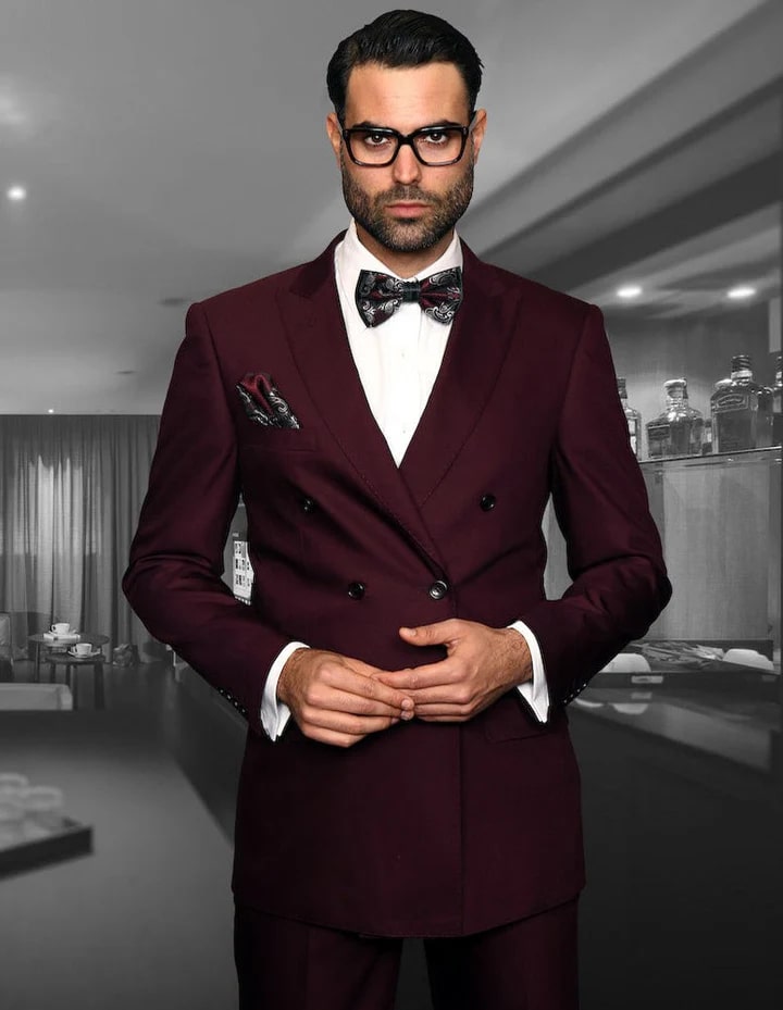 Burgundy classic fit statement men's suit double breasted pleated pants