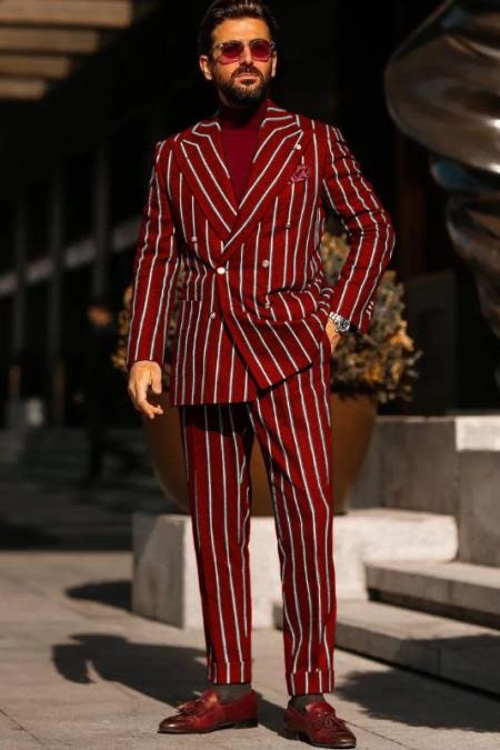 Burgundy Pinstripe Suit - Mens 1920s Gangster Pinstripe Suit - Vents Chalk Pinstripe