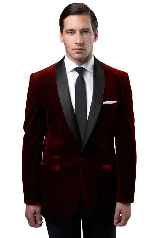 Mens One Button Velvet Shawl Burgundy Collar Tuxedo Jacket