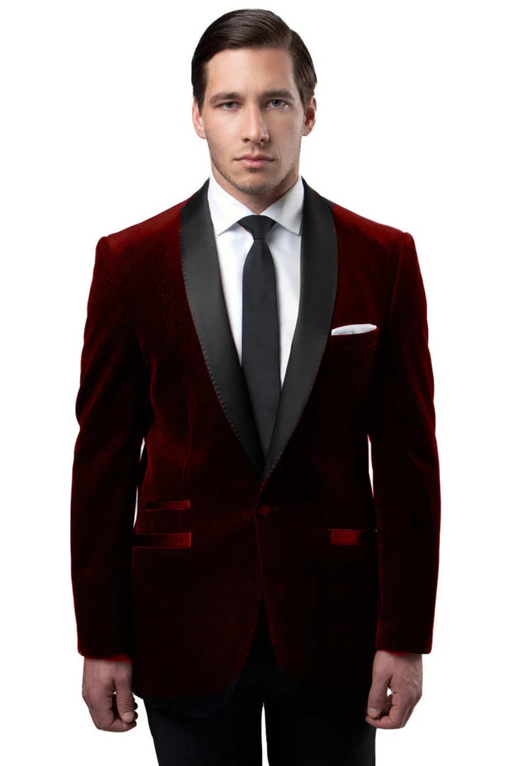 Mens One Button Velvet Shawl Burgundy Collar Tuxedo Jacket