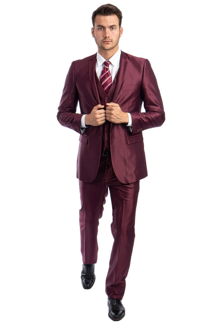 Cheap Priced Suit- Men's Two Button Vested Shiny Sharkskin Wedding & Prom Fashion Burgundy Suit