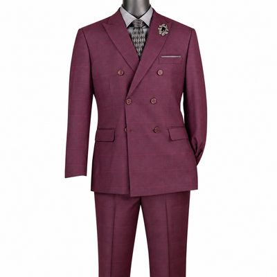 2-Piece Double Breasted Glen Plaid Regular Fit Suit - Burgundy