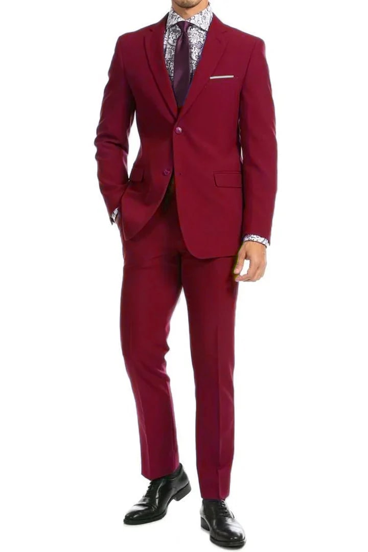 Cheap Suit - Mens Two Button Modern Fit Wool Feel - Designer Brand Burgundy Suit