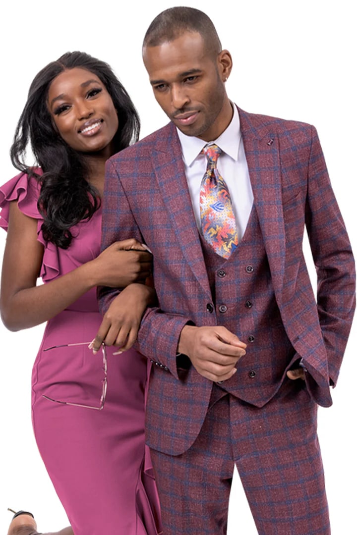 Cheap Suit - Mens Two Button Peak Lapel Vested Fashion Suit In Burgundy Windowpane Plaid - 38 Short Jacket+32 Waist Adjustable 28to34)(Height: 5 4 to5 7 )(Neck  15-16.5)S-M)