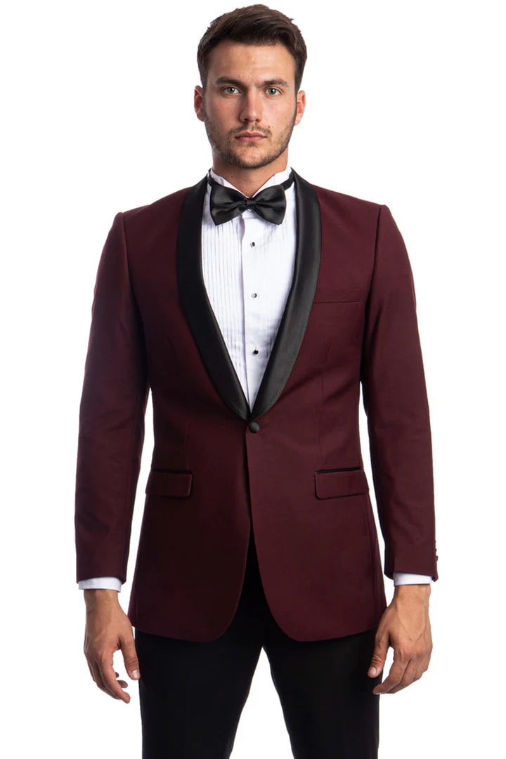 Mens One Button Shawl Lapel Burgundy and Black Dinner Jacket - 38 Short Jacket+32 Waist Adjustable 28to34)(Height: 5 4 to5 7 )(Neck  15-16.5)S-M)