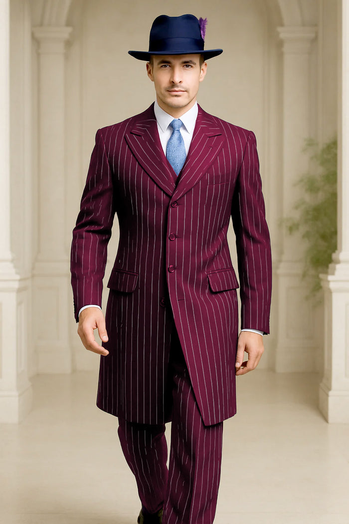 Mens Burgundy Pinstripe Suit Classic Long Coat Style with White Stripes