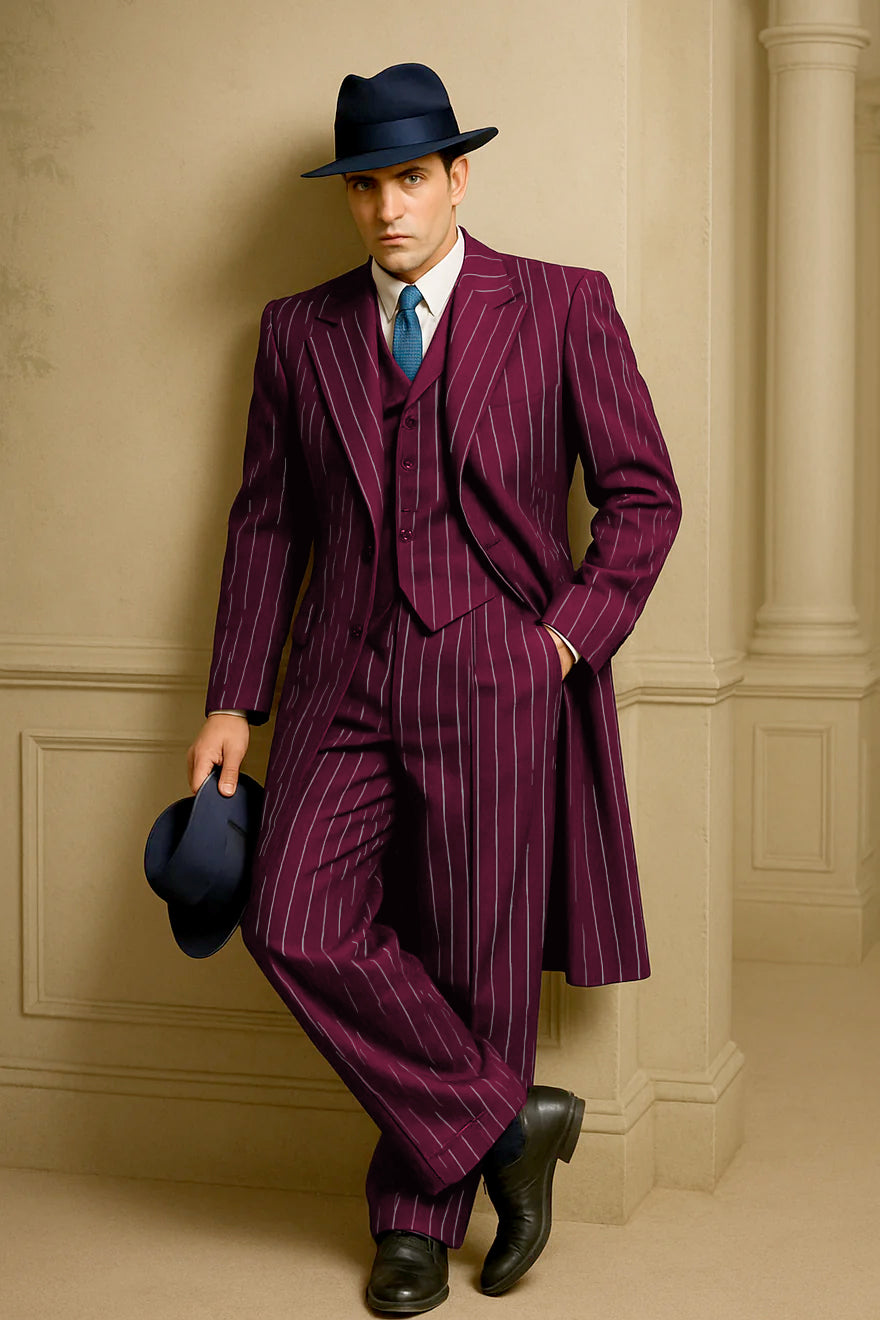 Mens Burgundy Pinstripe Suit – Classic Long Coat Style with White Stripes - 34 Short or Extra Small