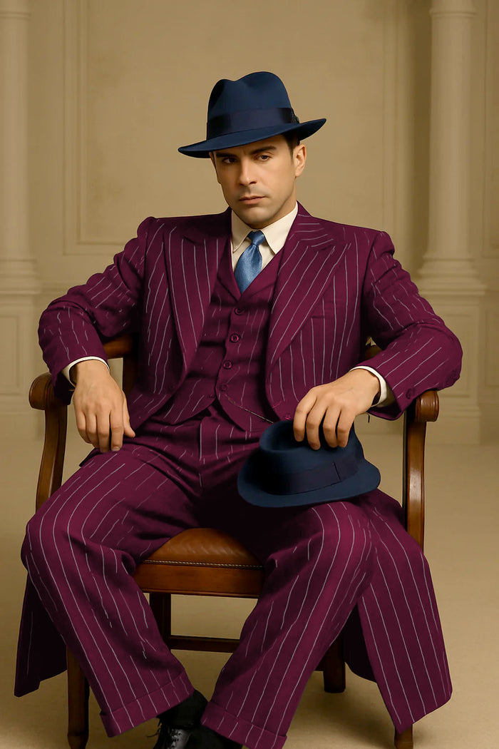 Mens Burgundy Pinstripe Suit Classic Long Coat Style with White Stripes