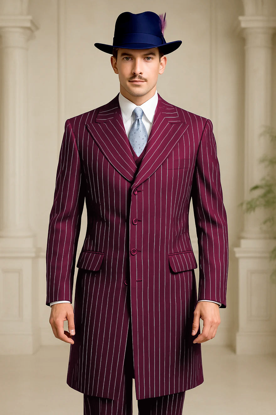 Mens Burgundy Pinstripe Suit – Classic Long Coat Style with White Stripes - 34 Short or Extra Small