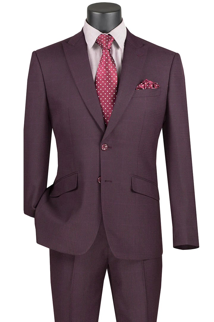 Cheap Suit - Mens 2 Button Modern Fit Peak Lapel Plaid Burgundy Suit