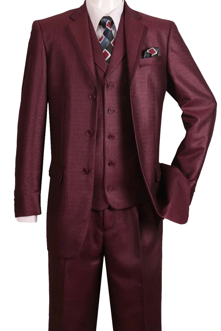 Cheap Suit - Mens 3 Button Vested Textured Shiny Sharkskin Church Burgundy Suit