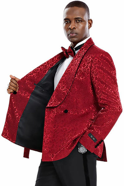 Cheap priced Suit- Men's Slim Fit Double Breasted Smoking Jacket Prom 2026 & Wedding Burgundy Tuxedo Paisley