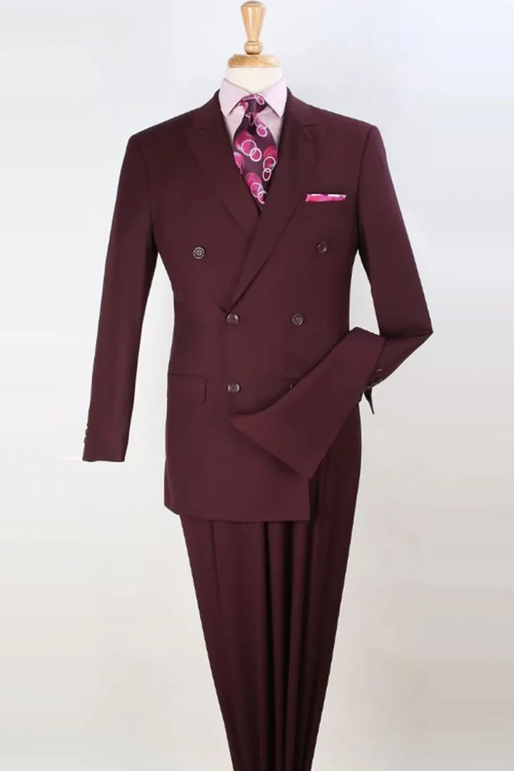 Cheap Suit - Mens Classic Double Breasted Luxury Wool Feel - Designer Brand Burgundy Suit