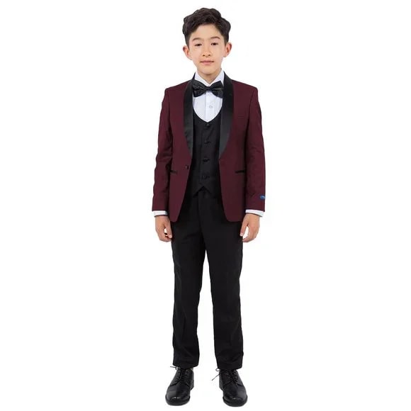 New Perry Ellis Boys Burgundy Tuxedo Set, Solid 5-Piece Black Shawl Collar