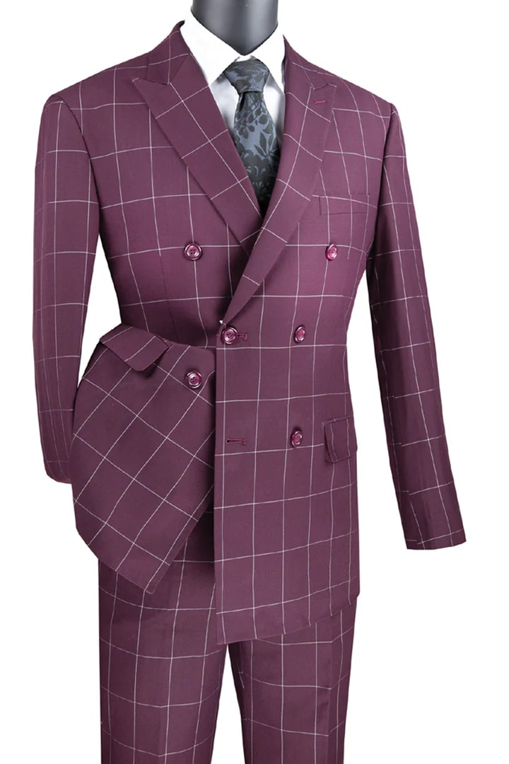 Cheap priced Suit - Mens Double Breasted Bold Windowpane Plaid Burgundy Suit - 38 Short Jacket+32 Waist Adjustable 28to34)(Height: 5 4 to5 7 )(Neck  15-16.5)S-M)