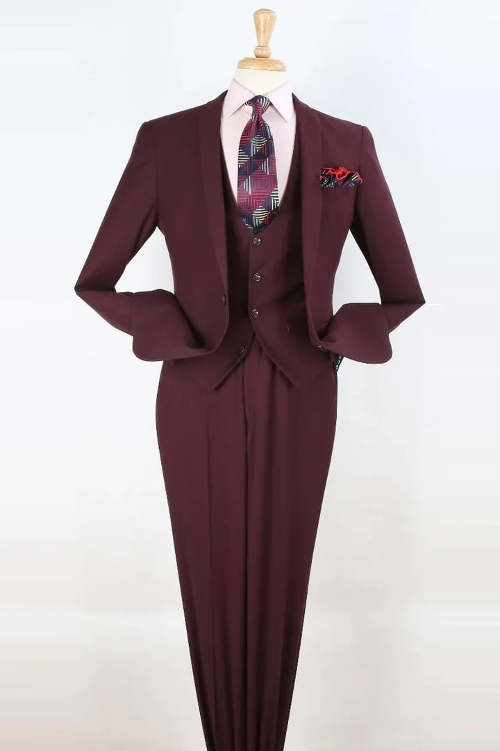 Cheap Priced Suit- Mens One Button Slim Fit Vested Peak Lapel Skinny Burgundy Suit - 38 Short Jacket+32 Waist Adjustable 28to34)(Height: 5 4 to5 7 )(Neck  15-16.5)S-M)