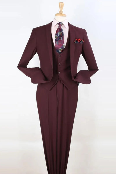 Cheap Priced Suit- Mens One Button Slim Fit Vested Peak Lapel Skinny Burgundy Suit