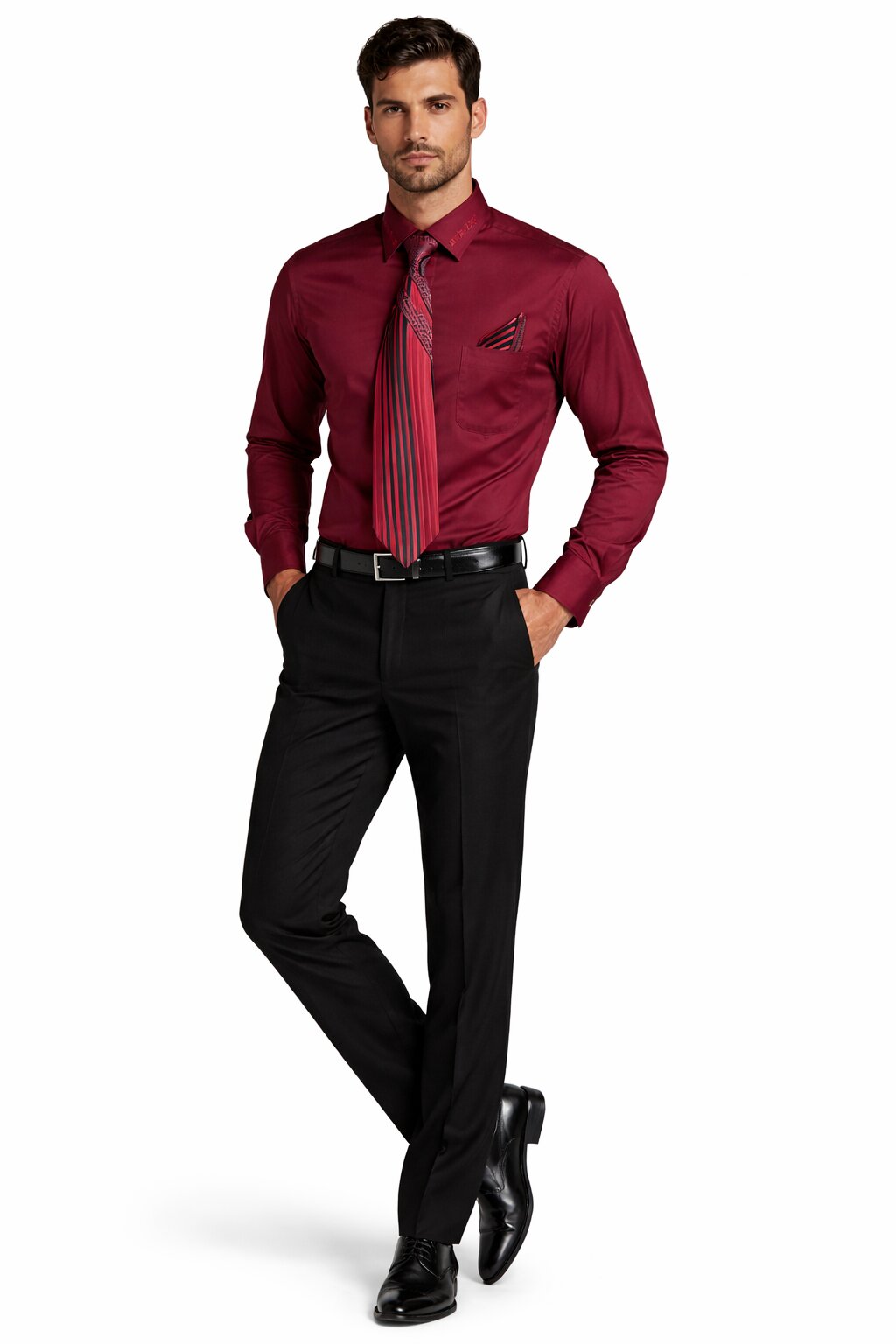 French Cuff + Tie + Handkerchief Men's Dress Shirt With Tie