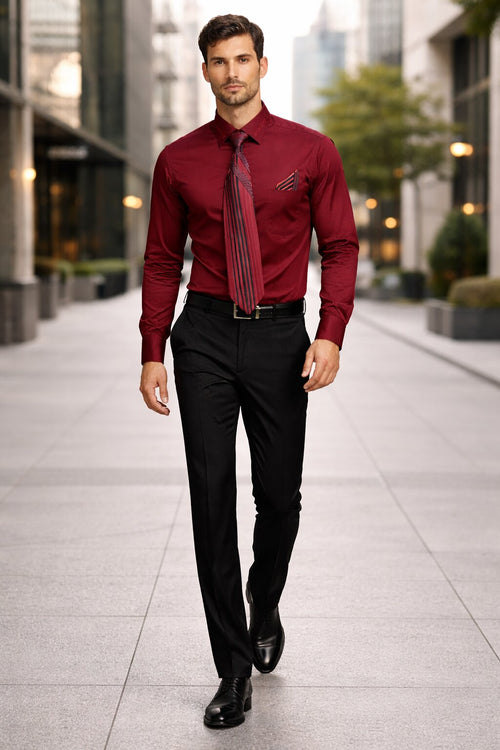 French Cuff + Tie + Handkerchief Men's Dress Shirt With Tie