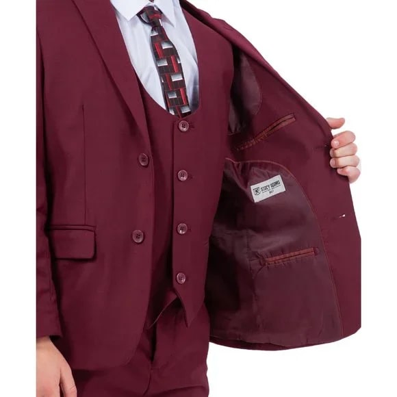 Exclusive Stacy Adams 5pc Boys Suit Solid Slim Fit, Burgundy - Boy Size : 4 (Weight 38 to 49)