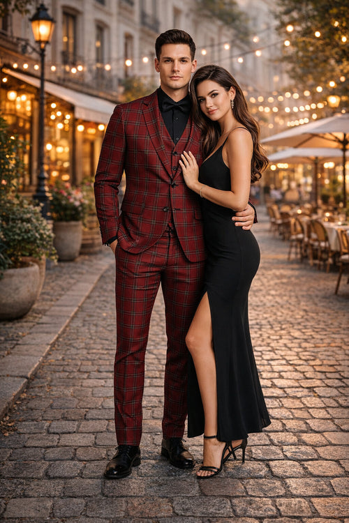 Mens Burgundy Plaid Three-Piece Suit Ultra Slim Fit Checkered Windowpane Redish 544-10