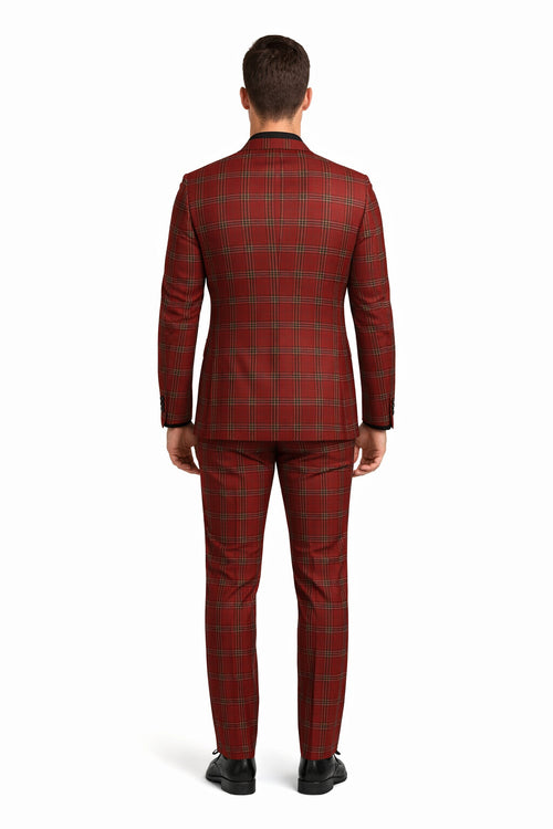 Mens Burgundy Plaid Three-Piece Suit Ultra Slim Fit Checkered Windowpane Redish 544-10