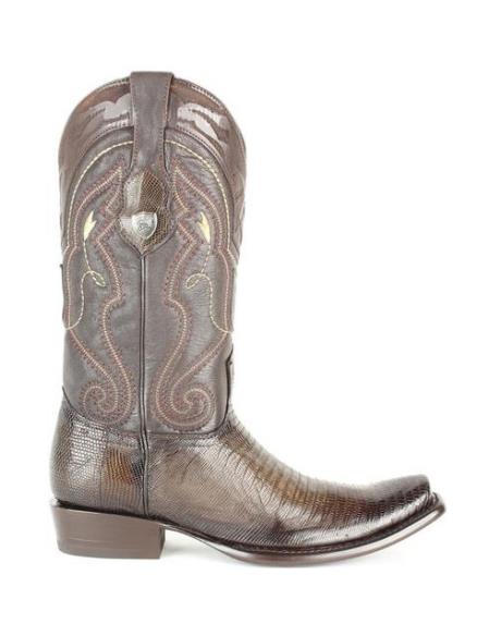 Men’s Wild West Burnished Brown Teju Lizard Square Toe Cowboy Boots, Genuine Leather Dress Western Boots