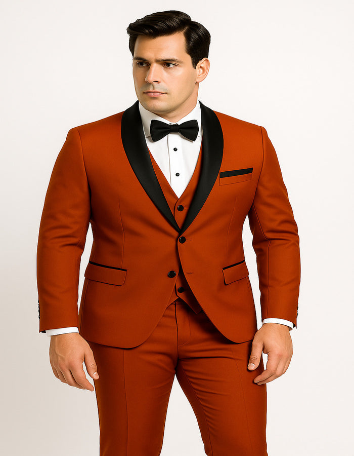 Men's Burnt Orange Tuxedo Suit â€“ 3-Piece Slim Fit with Black Satin Shawl Lapel