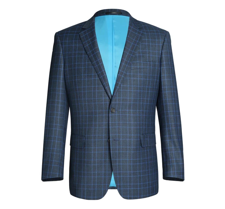 Cheap Suit - Mens Two Button Classic Fit Two Piece Suit In Blue Windowpane Plaid Check - 38 Short Jacket+32 Waist Adjustable 28to34)(Height: 5 4 to5 7 )(Neck  15-16.5)S-M)