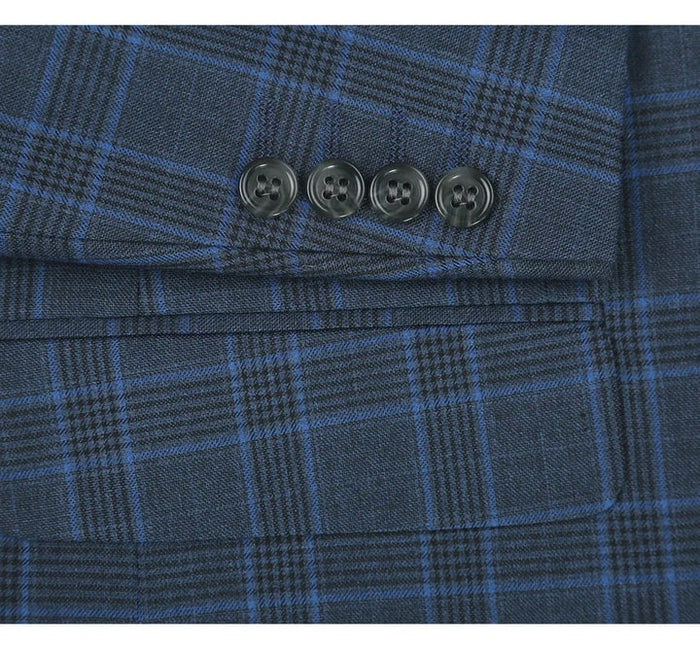 Cheap Priced Suit  - Mens Two Button Classic Fit Two Piece Suit In Blue Windowpane Plaid Check