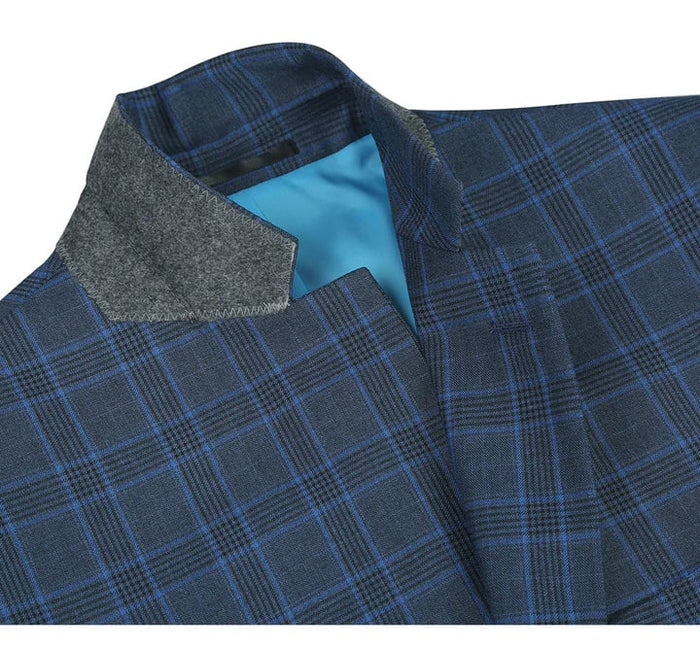 Cheap Priced Suit  - Mens Two Button Classic Fit Two Piece Suit In Blue Windowpane Plaid Check