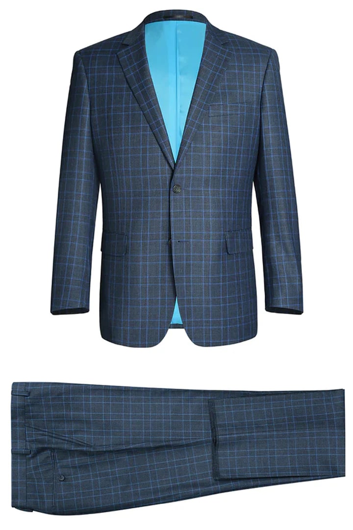 Cheap Suit - Mens Two Button Classic Fit Two Piece Suit In Blue Windowpane Plaid Check - 38 Short Jacket+32 Waist Adjustable 28to34)(Height: 5 4 to5 7 )(Neck  15-16.5)S-M)