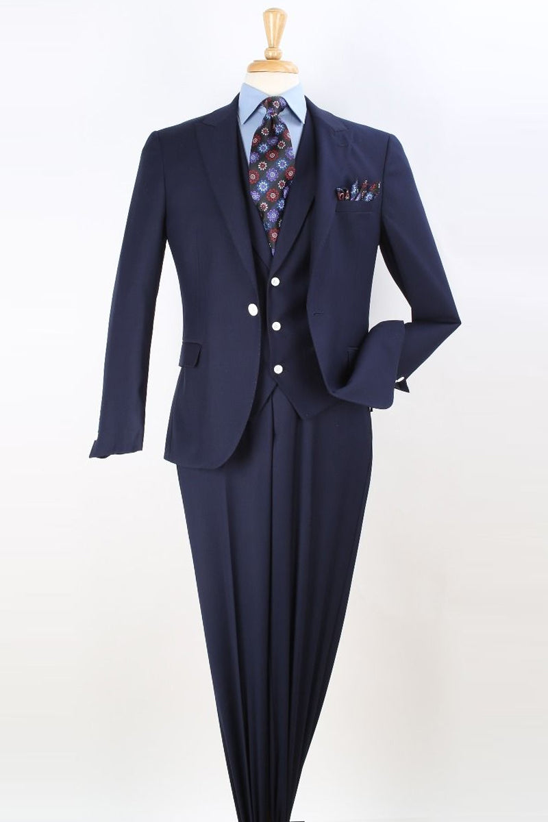 "Modern Fit Men's Navy Blue Fashion Suit - One Button Peak Lapel Vested" - 34 Regular