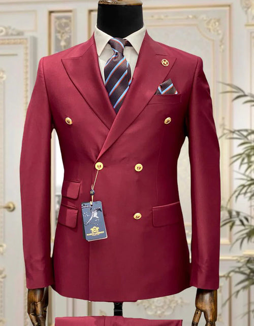 Mens Double breasted Suit - "Burgundy" 1920s 1980s Style Peak Lapel Suits -Â  Back Side VentedÂ  Mens Designer Modern Fit Double Breasted Wool Feel - Designer Brand Gold Buttons in Light Burgundy